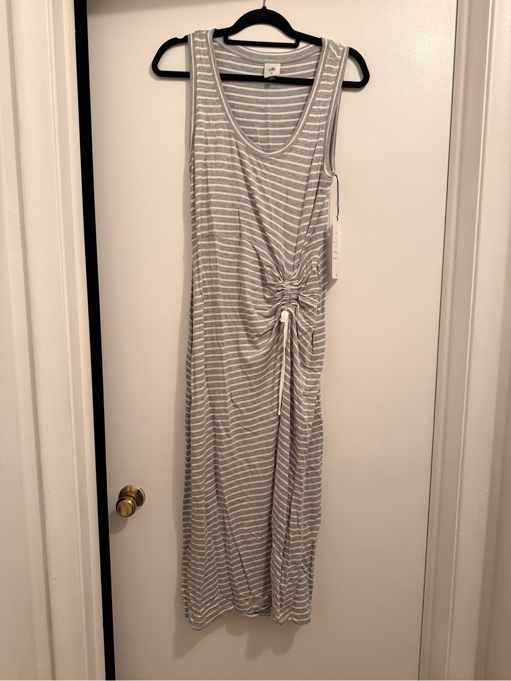 CAbi Gray & White Striped Ruched Tank Maxi Dress